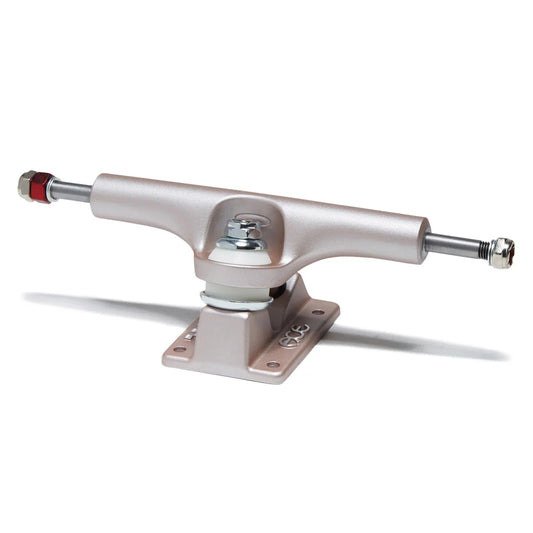 Skateboard truck with silver finish on a white background