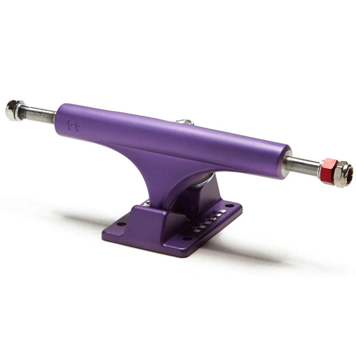 A single purple skateboard truck with silver metal hardware and a red accent cap, photographed on a clean white background.