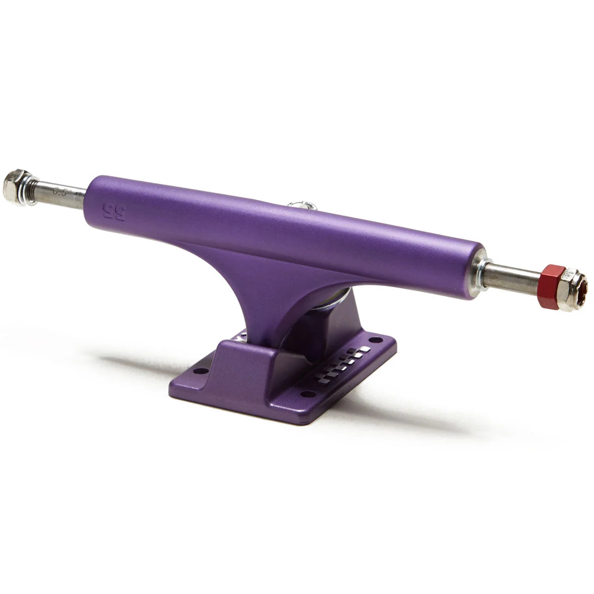 A single purple skateboard truck with silver metal hardware and a red lock nut, photographed on a clean white background.