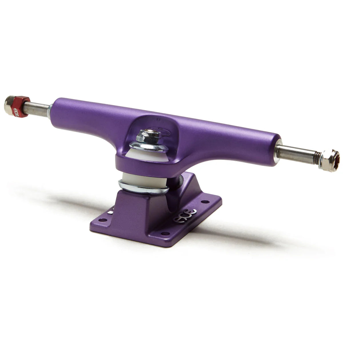 A purple metal skateboard truck with silver hardware and a small red accent on the axle, shown on a clean white background.