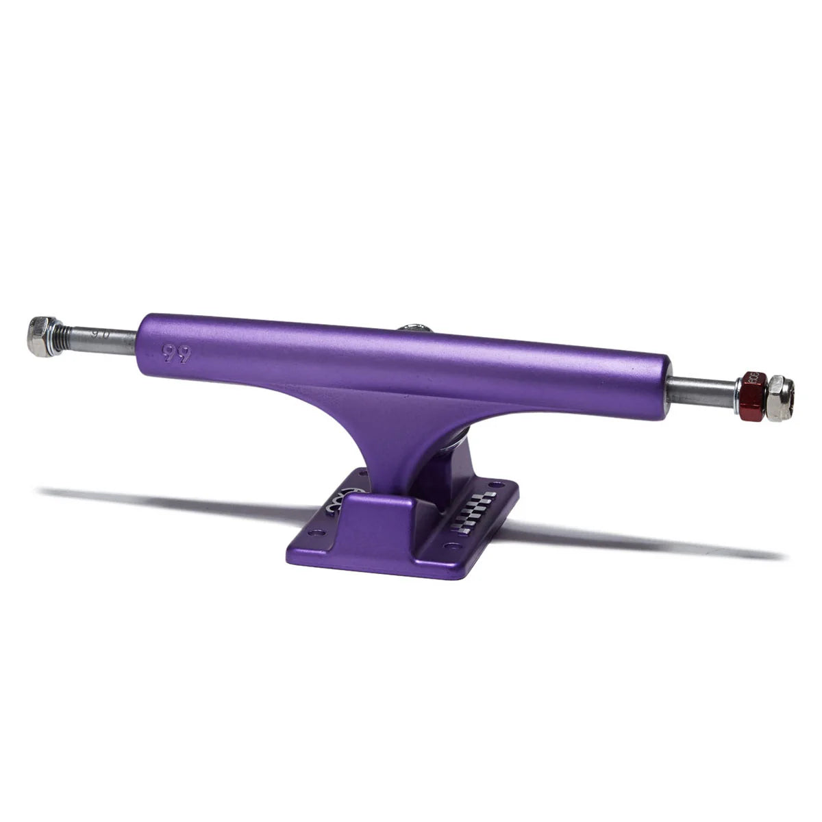 A single purple skateboard truck with silver metal hardware and a small red accent nut, shown on a clean white background with a soft shadow.