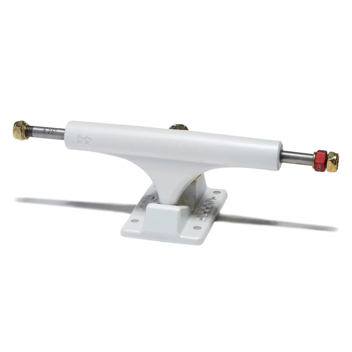 A single white skateboard truck with a metal axle, brass-colored hardware, and a red color-coded end cap, shown on a white background with a soft shadow.