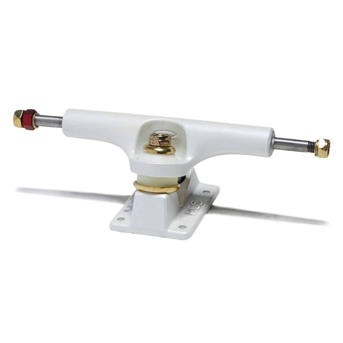 A single white skateboard truck with a white baseplate, featuring a silver metal axle with a red locknut on one side and a gold locknut on the other, set against a plain white background.