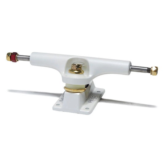 A single white skateboard truck with a white baseplate, featuring a silver metal axle with a red locknut on one side and a gold locknut on the other, set against a plain white background.