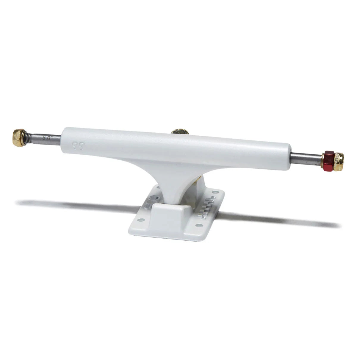 A single white skateboard truck with a white baseplate, featuring a silver metal axle with brass and red end caps, shown on a white background with a soft shadow.