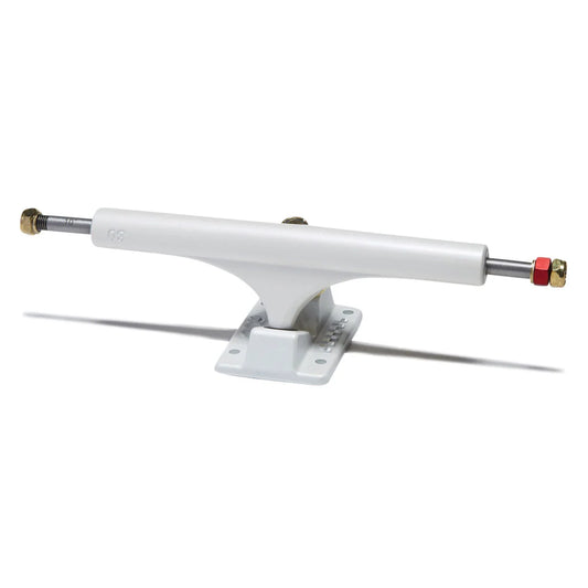 A single white skateboard truck with a white baseplate, featuring a silver metal axle with brass-colored end caps and a small red locknut, shown on a clean white background.
