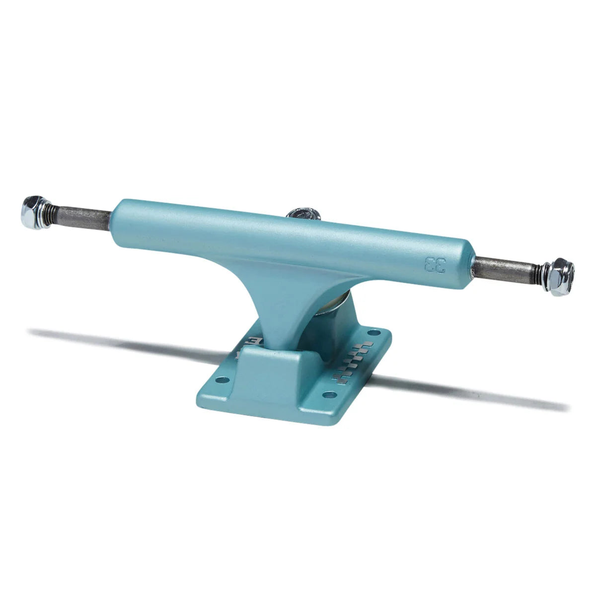 A single skateboard truck in a light aqua blue finish with silver metal hardware, shown on a clean white background with a soft shadow.