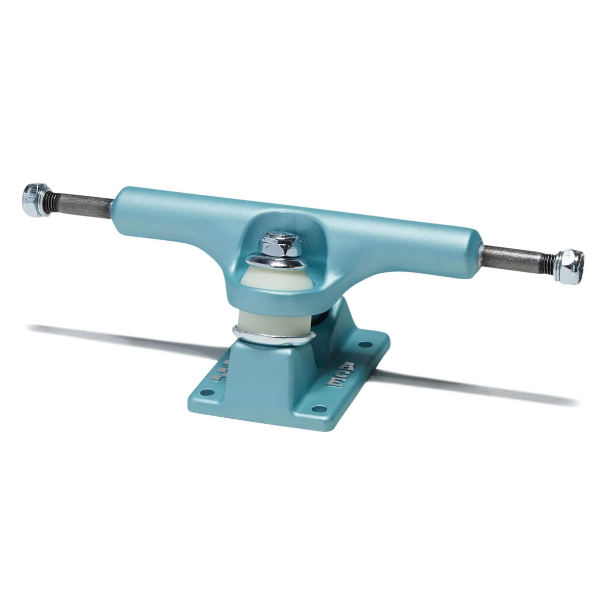 A single skateboard truck with a light blue painted metal body, silver hardware, and a white bushing, shown on a clean white background with a soft shadow.