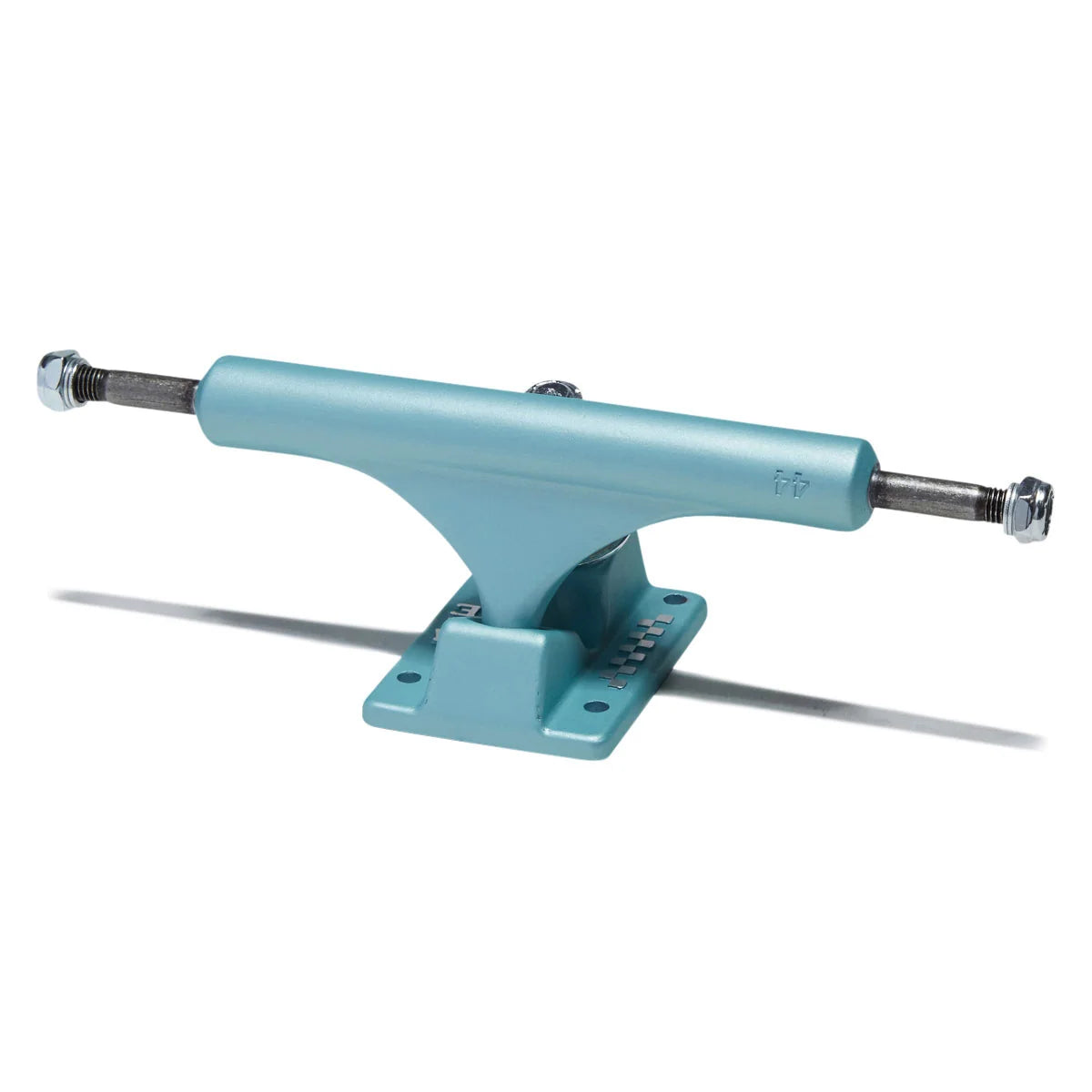 A single skateboard truck in a matte light blue color, shown at a three-quarter angle on a white background with a soft shadow.