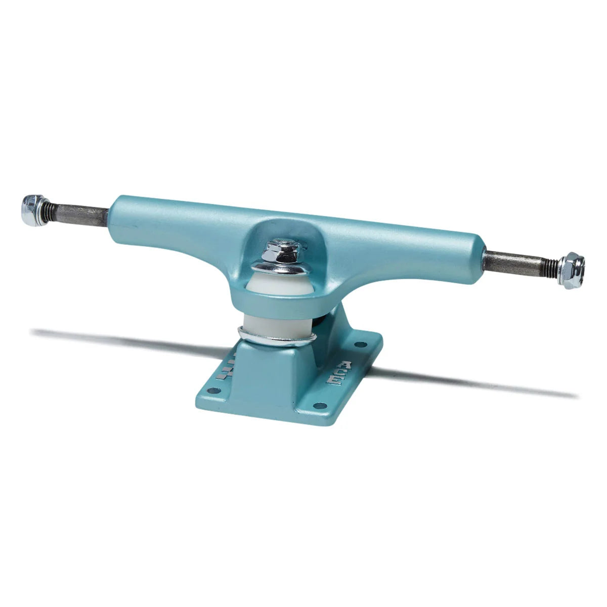 A light blue skateboard truck with silver hardware, including a bolt, nut, and washer, shown on a clean white background.
