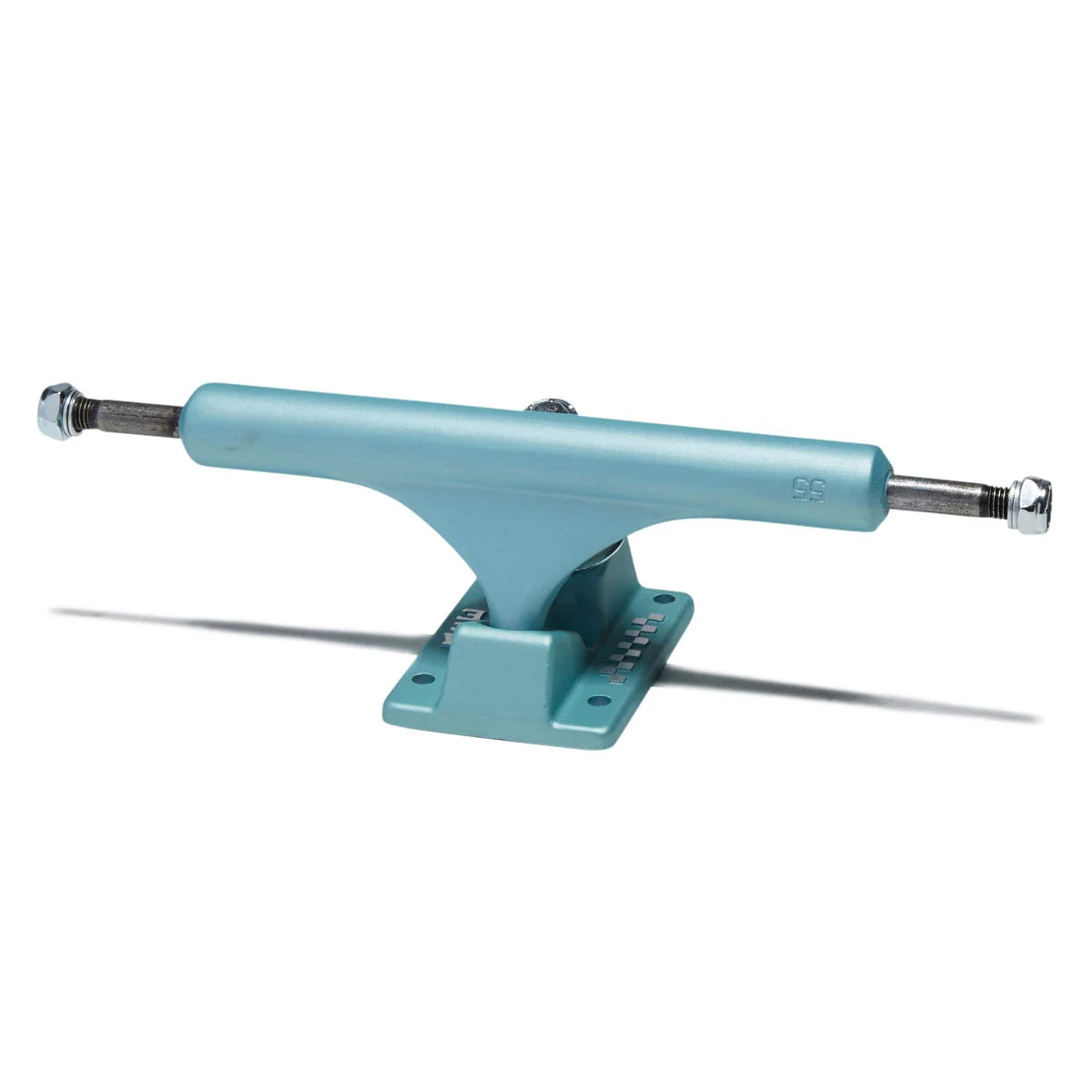 A single skateboard truck in a light teal blue color, shown from a side angle on a clean white background with a soft shadow.