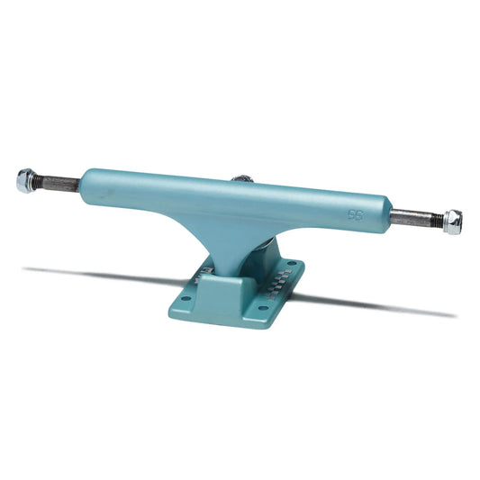 A single skateboard truck in a light teal blue color, shown from a side angle on a clean white background with a soft shadow.