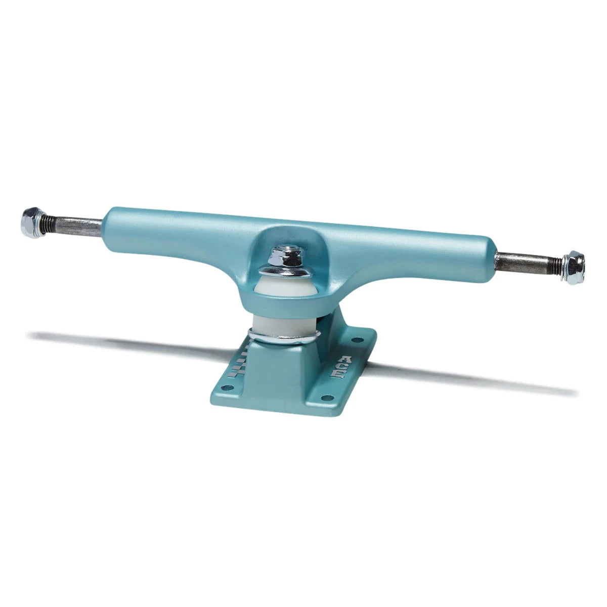 A single skateboard truck with a matte light blue-green body and silver metal bushings, shown on a clean white background with a soft shadow.