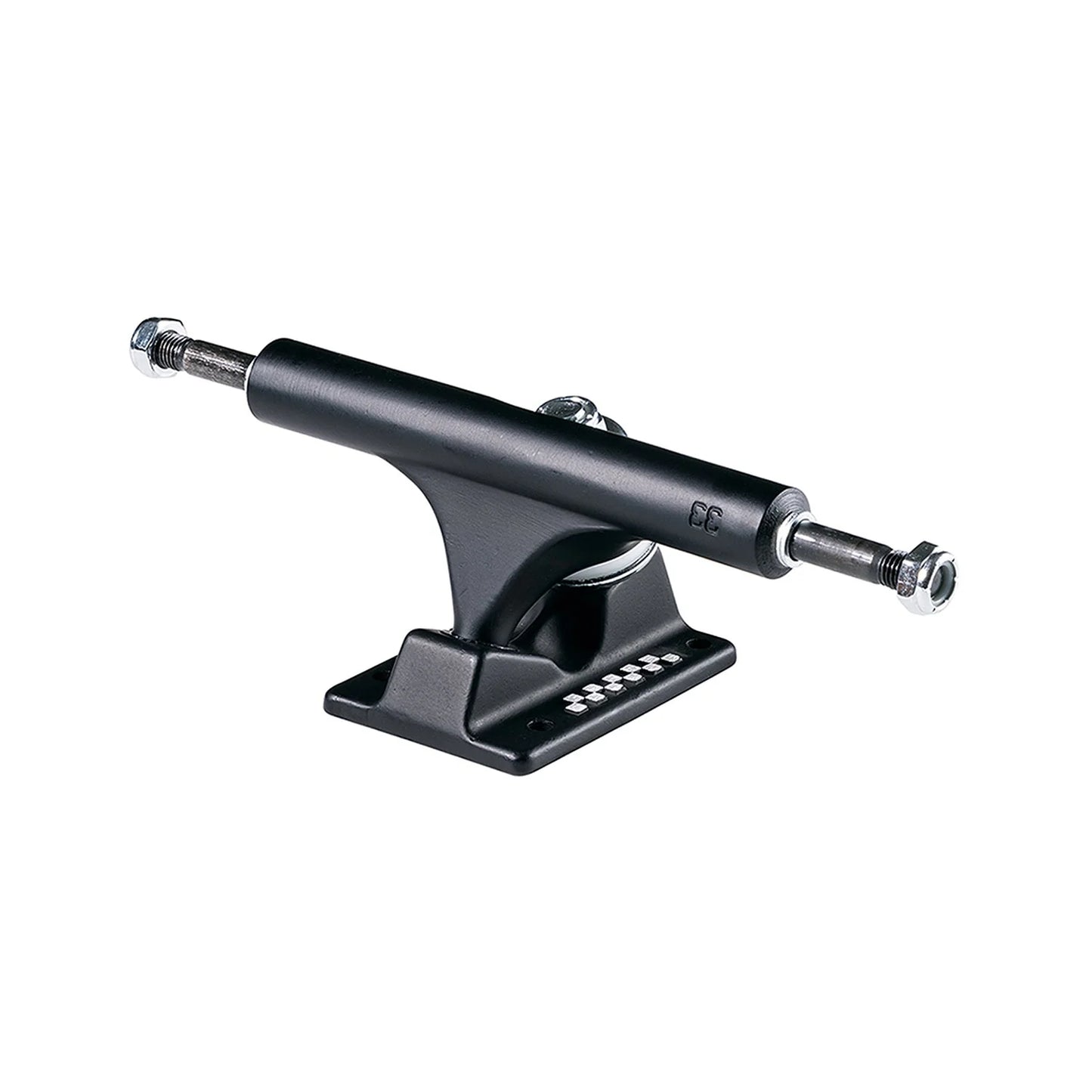 Black metal skateboard truck on a white background