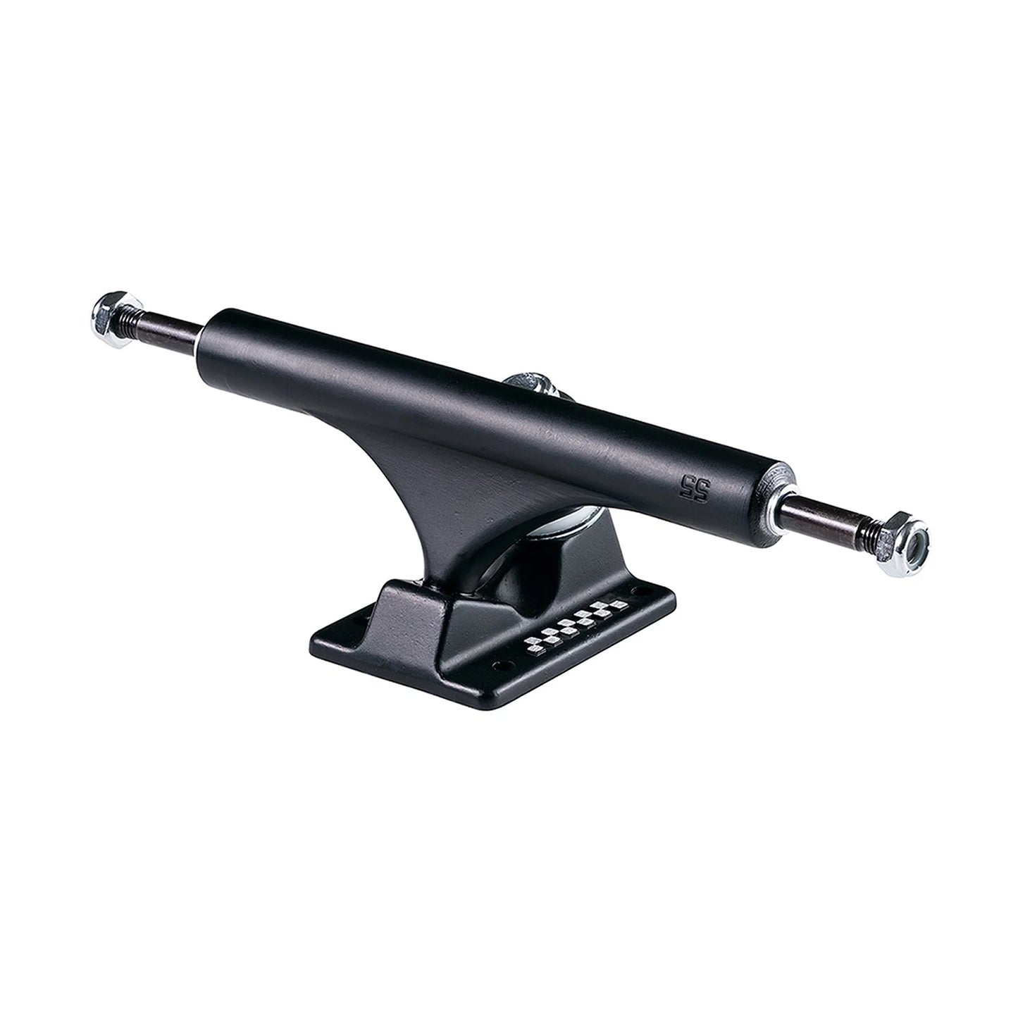 Black metal skateboard truck on a white background