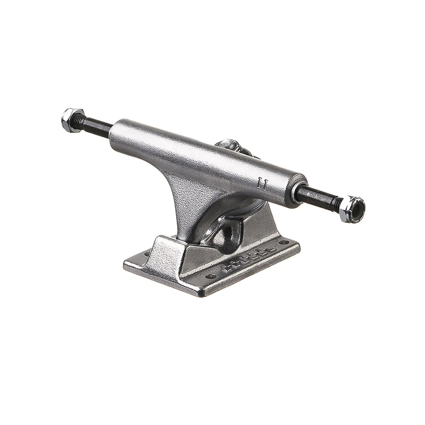Skateboard truck with silver metal finish on a white background
