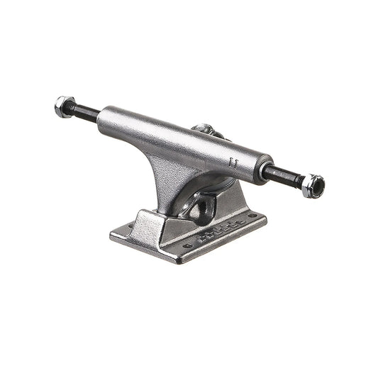 Skateboard truck with silver metal finish on a white background