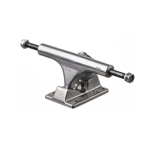 Skateboard truck with silver finish on a white background