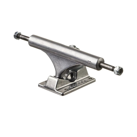 Skateboard truck with metallic finish on a white background