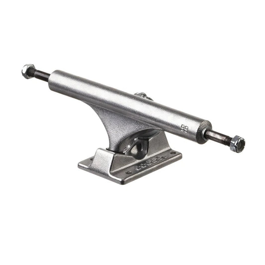Silver metal skateboard truck on a white background