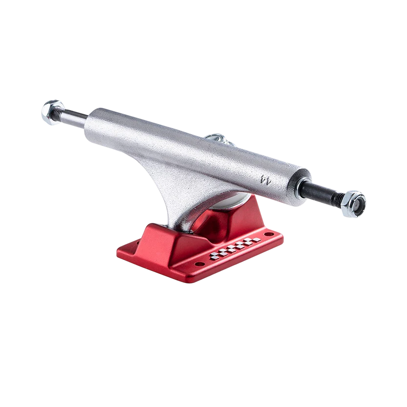 Skateboard truck with red baseplate and silver metal components on a white background