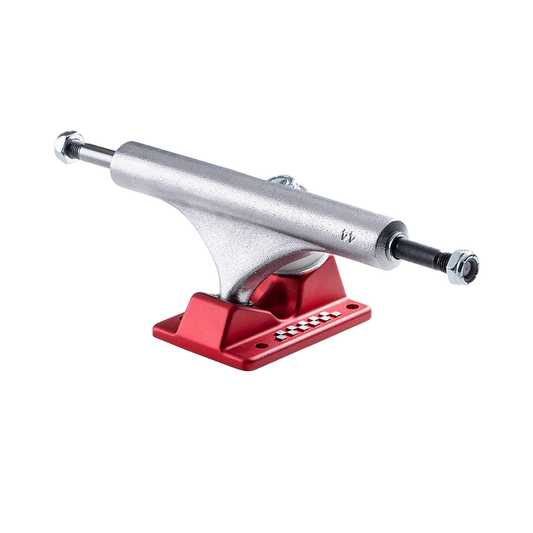 Skateboard truck with red baseplate and silver metal components on a white background