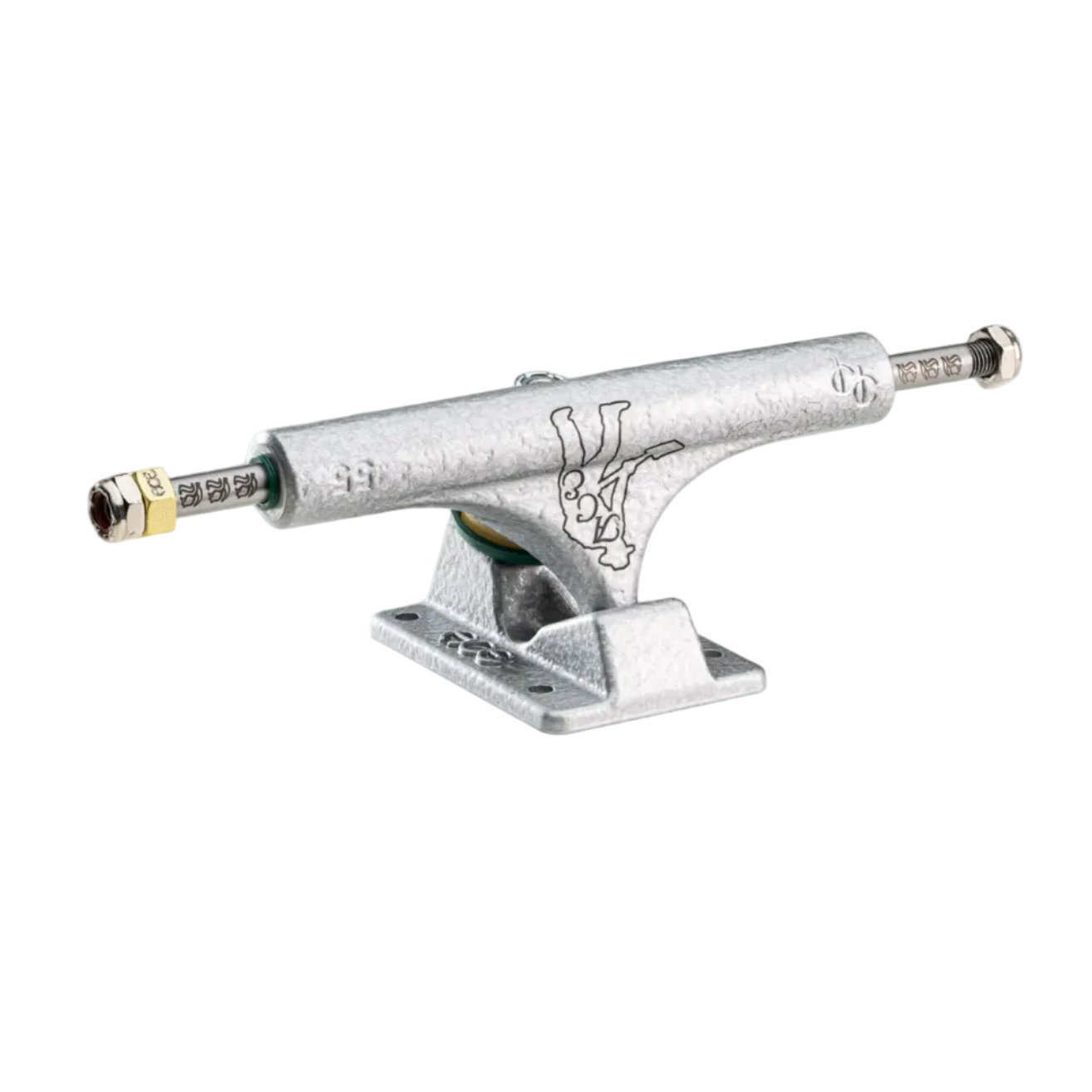 Silver skateboard truck with a logo on a white background