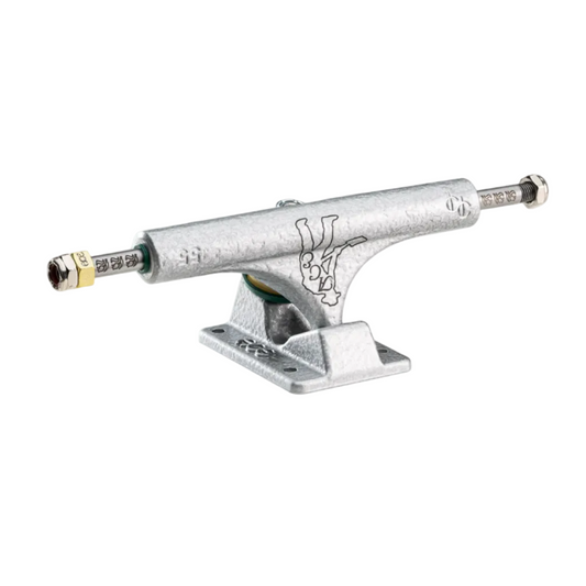 Silver skateboard truck with a logo on a white background