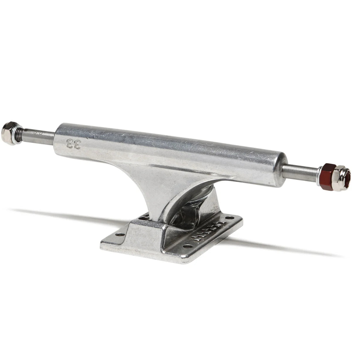 A single metallic skateboard truck with a silver chrome finish and a small red accent on the end cap, shown on a clean white background.
