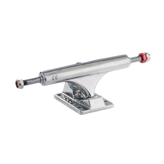 Chrome metal skateboard truck on a white background
