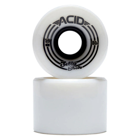 Two white skateboard wheels with black detailing on a white background
