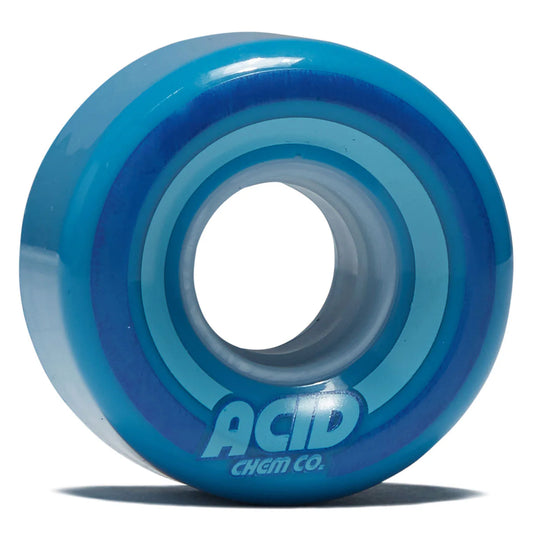 Blue skateboard wheel with 'Acid Chem Co.' branding on a white background