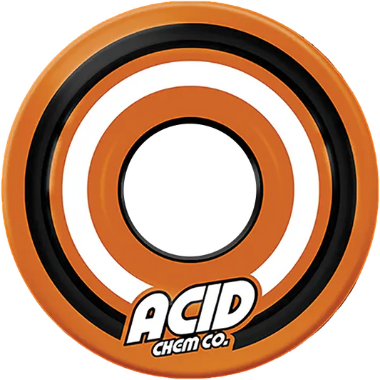 Orange, black, and white circular object with 'ACID CHEM CO.' branding on a white background