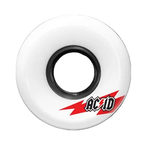 White skateboard wheel with black center and AC/DC logo on a white background