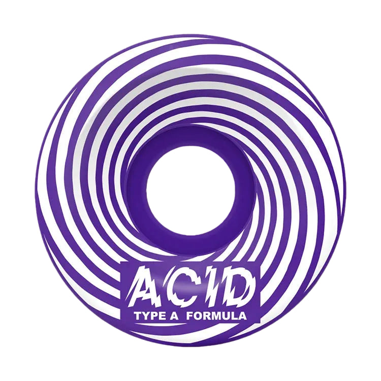 A purple and white striped skateboard wheel with the text 'ACID TYPE A FORMULA' printed on a white background.