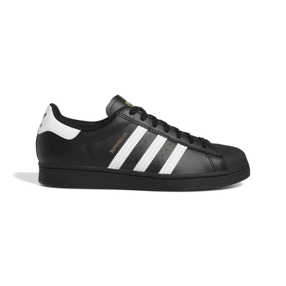 Black Adidas Superstar sneaker with white stripes on a white background