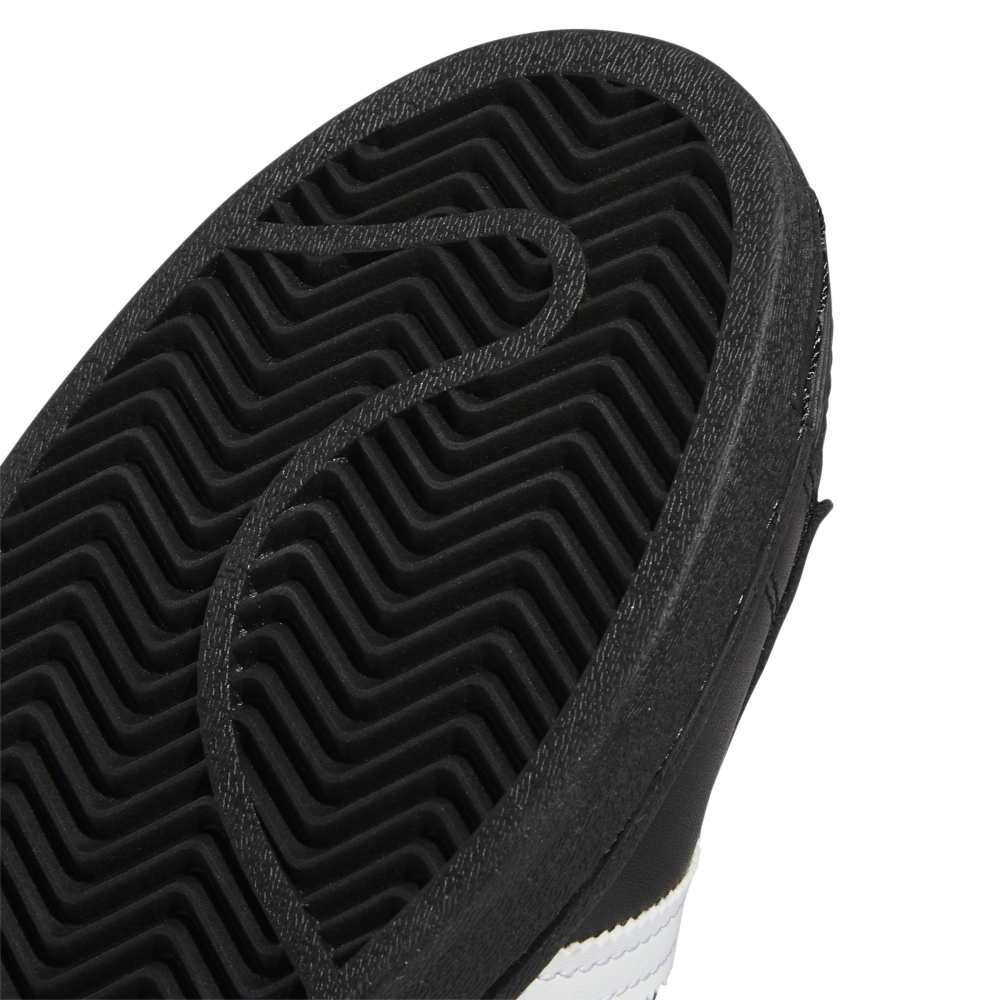 Close-up of a black shoe sole with a textured pattern on a white background
