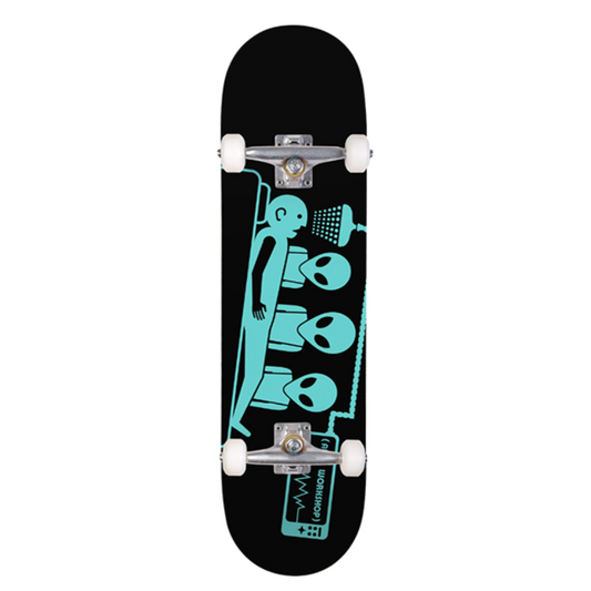 Skateboard with a black deck featuring a green graphic design on a white background