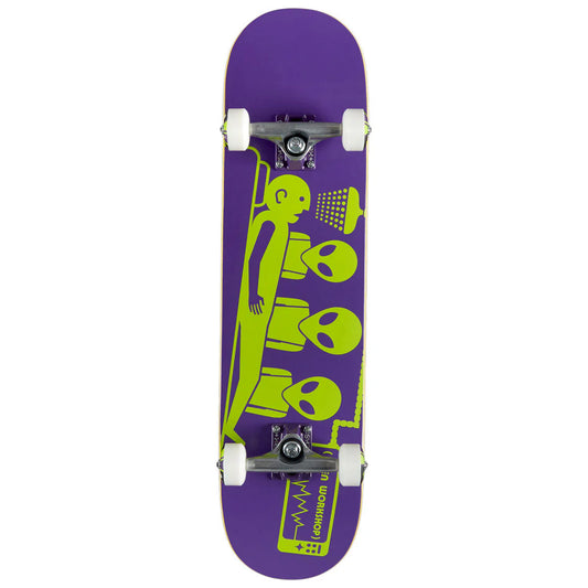 Purple skateboard with green graphic design on a white background