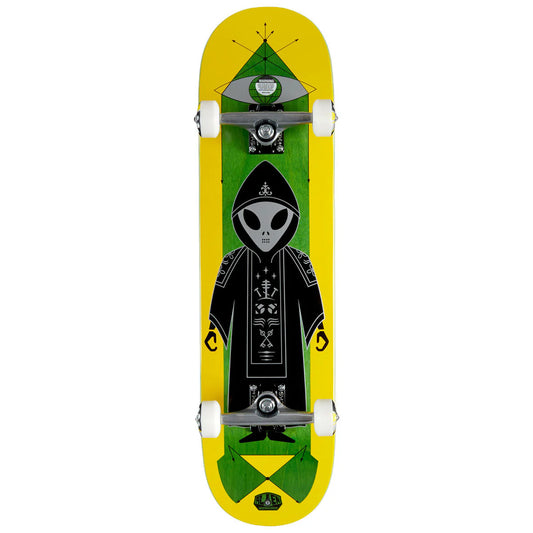 Skateboard deck with alien design on a yellow and green background