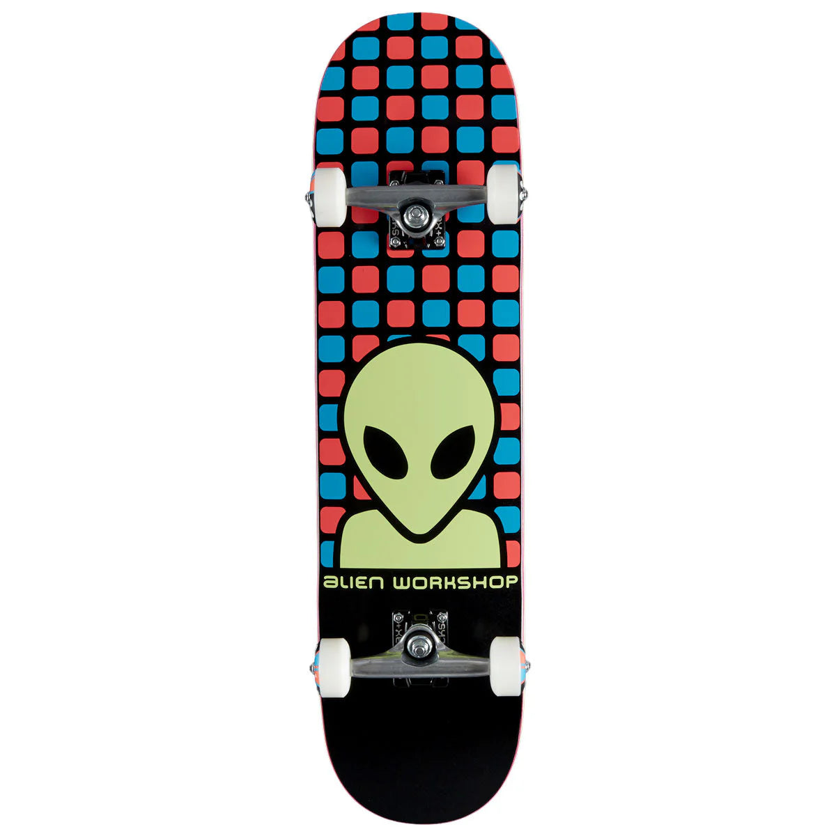 Skateboard with alien graphic and checkered pattern on a white background