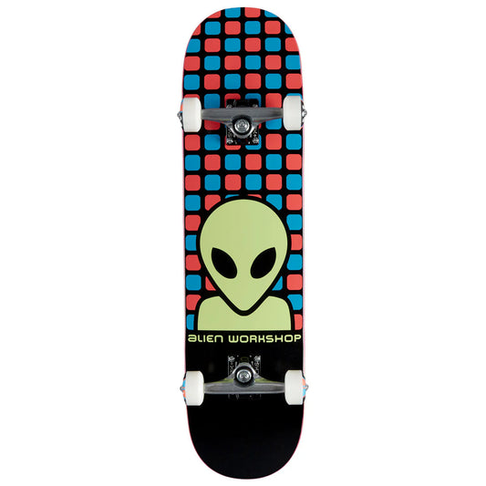 Skateboard with alien graphic and checkered pattern on a white background