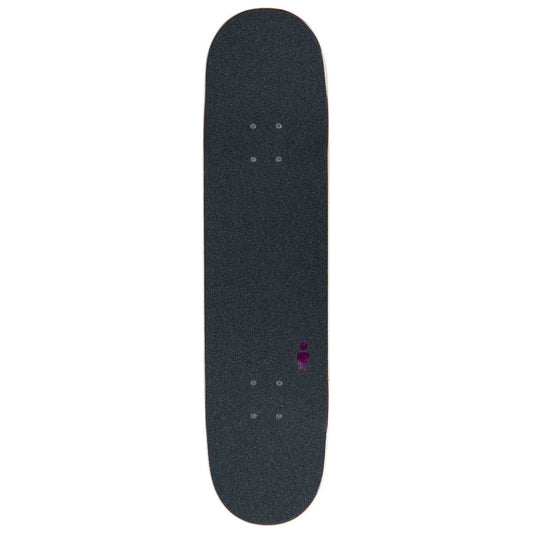 Black skateboard deck with a small purple logo on a white background