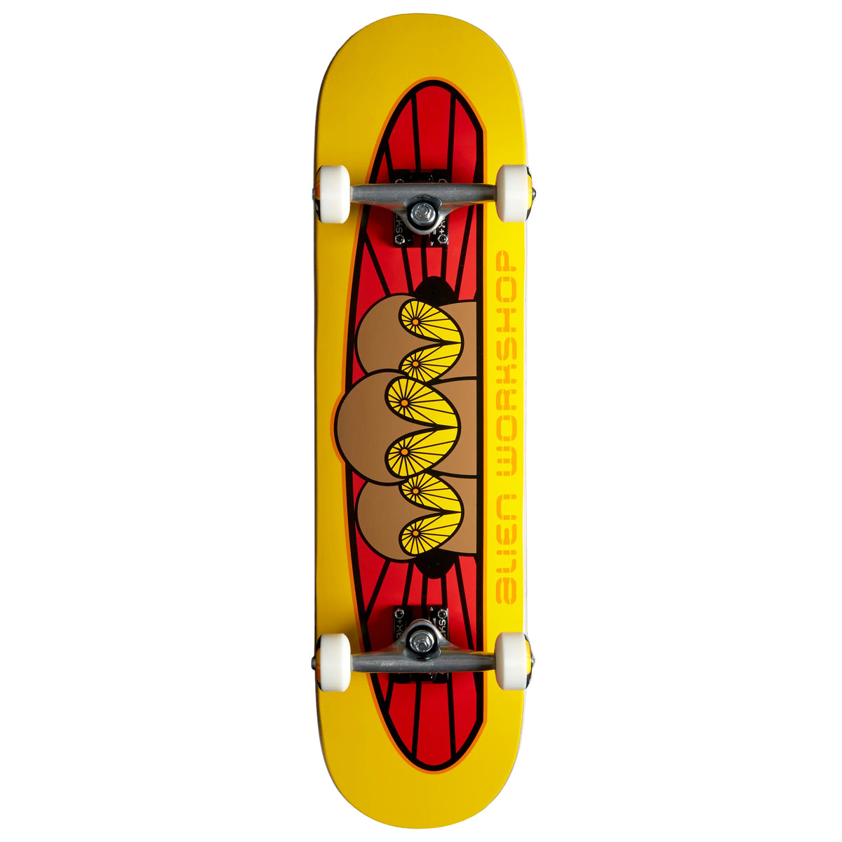 A skateboard shown from the underside, featuring a bright yellow deck with a red and brown graphic design in the center and the words 'ALIEN WORKSHOP' printed vertically in yellow.