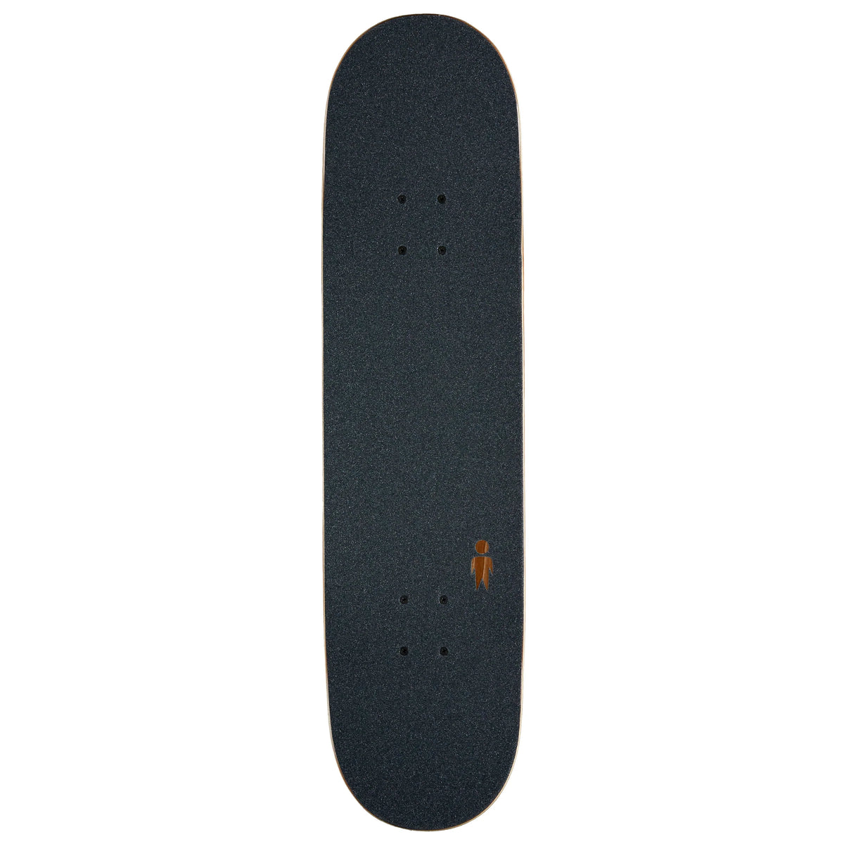 A skateboard deck with black grip tape and a small orange logo near the tail, shown vertically against a plain white background.