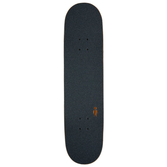 A skateboard deck with black grip tape and a small orange logo near the tail, shown vertically against a plain white background.