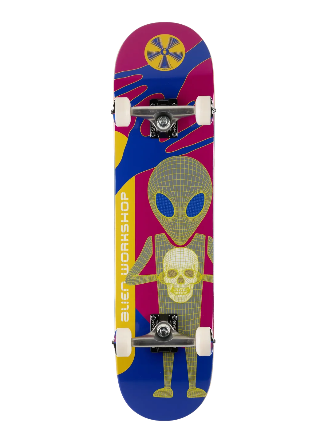 A full-size skateboard deck featuring a colorful graphic design with a yellow alien holding a skull, set against a background of magenta, blue, and yellow abstract shapes. The words 'ALIEN WORKSHOP' are printed vertically on the side.