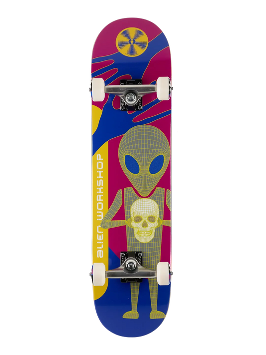 A full-size skateboard deck featuring a colorful graphic design with a yellow alien holding a skull, set against a background of magenta, blue, and yellow abstract shapes. The words 'ALIEN WORKSHOP' are printed vertically on the side.