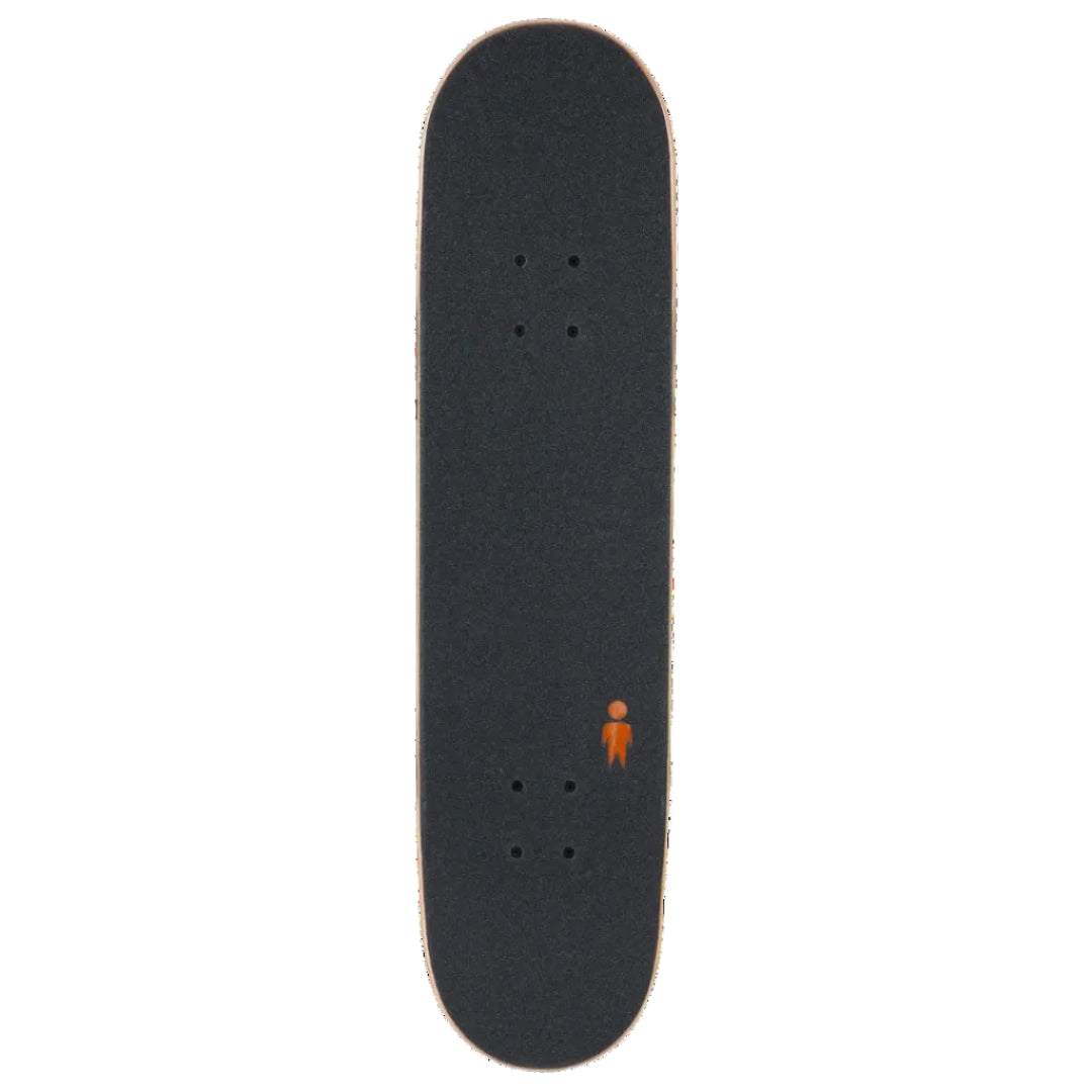 A skateboard deck with black grip tape and a small orange logo near the bottom, shown vertically against a plain white background.