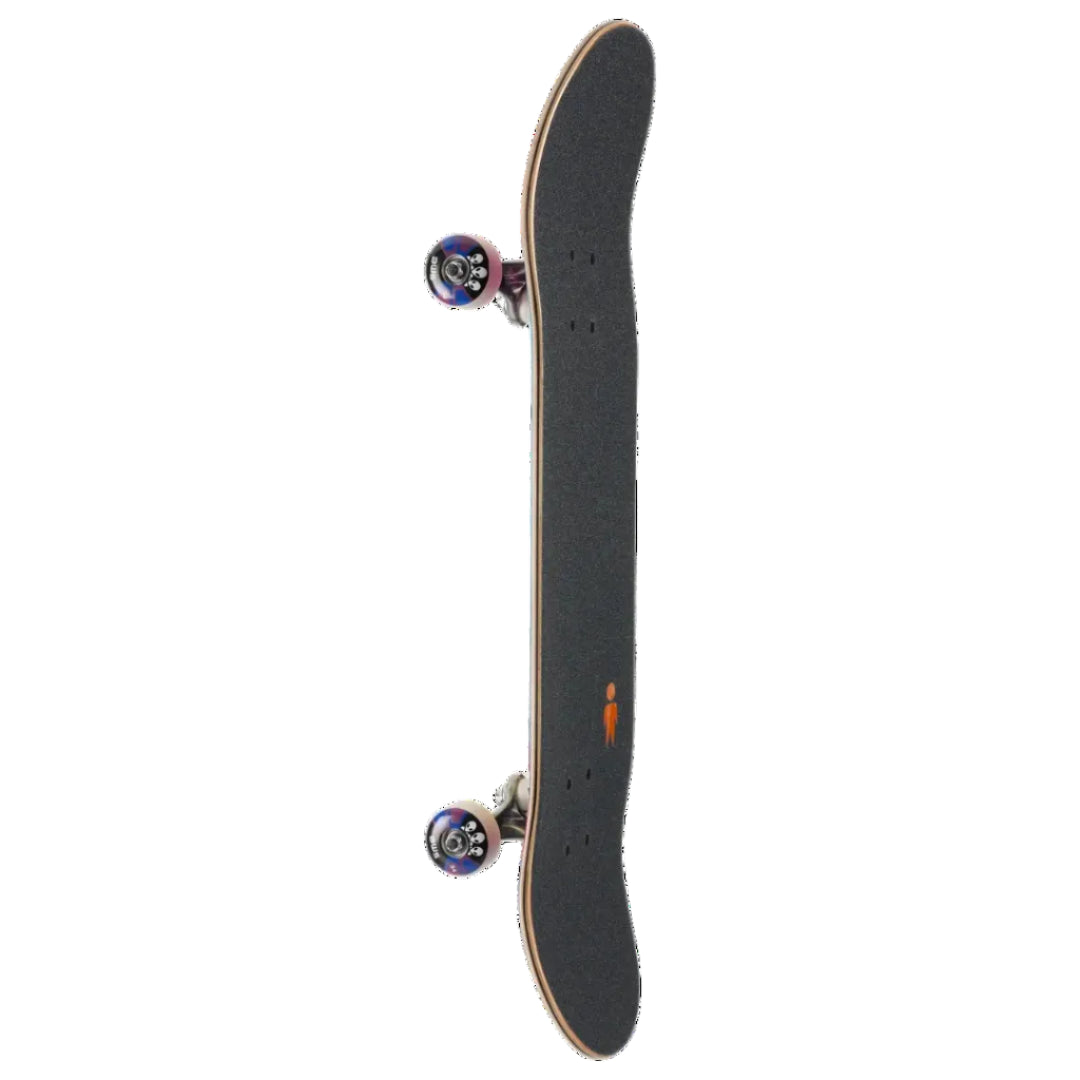 A skateboard shown vertically against a solid white background, featuring a black grip tape deck with a small orange logo, silver trucks, and colorful wheels.